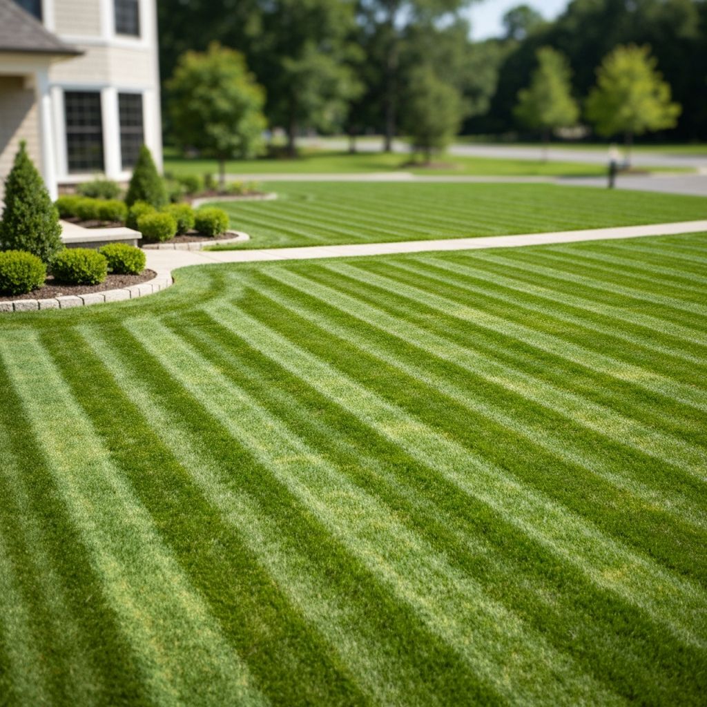 Professionally striped lawn with precision mowing patterns